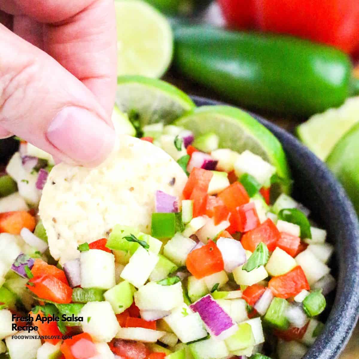 Fresh Apple Salsa Recipe, a simple six ingredient snack, appetizer, or side recipe made with diced peppers and lime juice.
