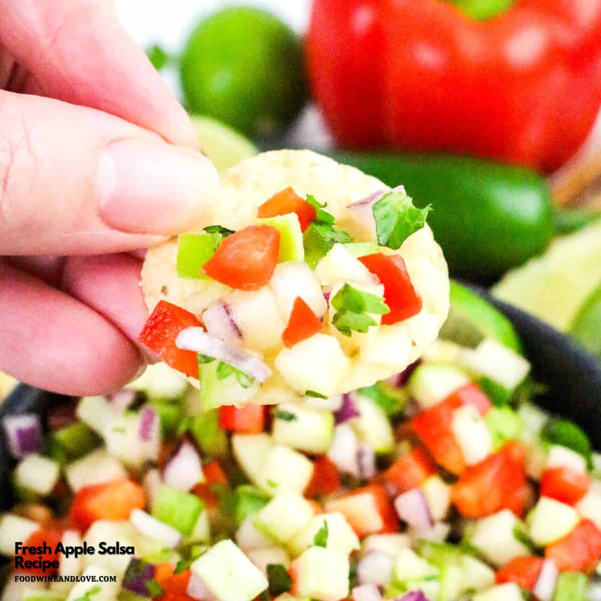 Fresh Apple Salsa Recipe, a simple six ingredient snack, appetizer, or side recipe made with diced peppers and lime juice.