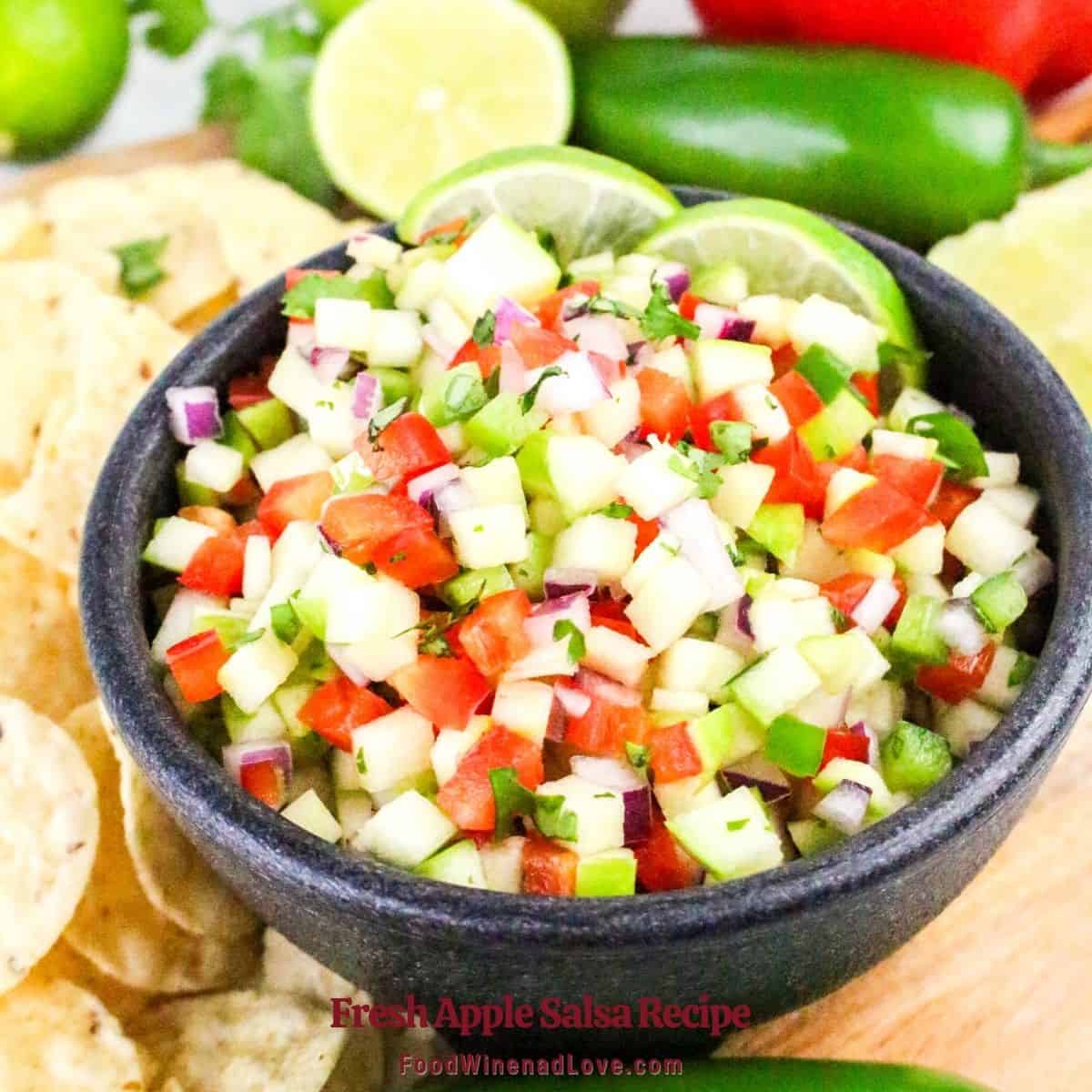 Fresh Apple Salsa Recipe, a simple six ingredient snack, appetizer, or side recipe made with diced peppers and lime juice.