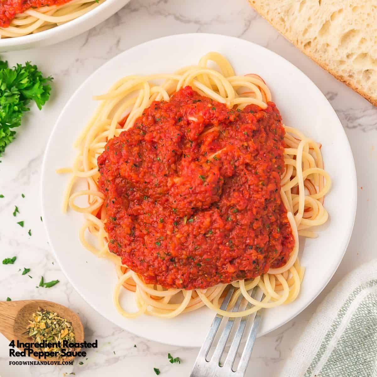 4 Ingredient Roasted Red Pepper Sauce, a five minute delicious and creamy sauce made with simple ingredients. Vegan Mediterranean Diet GF LC 4 Ingredient Roasted Red Pepper Sauce