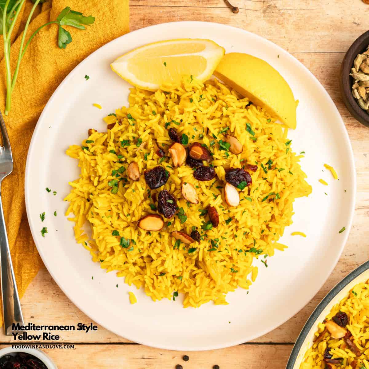 Mediterranean Style Yellow Rice, a delicious vegan and Mediterranean diet friendly recipe for fluffy, aromatic, and savory rice with tumeric. Mediterranean Style Yellow Rice, a delicious vegan and Mediterranean diet friendly recipe for fluffy, aromatic, and savory rice with tumeric.