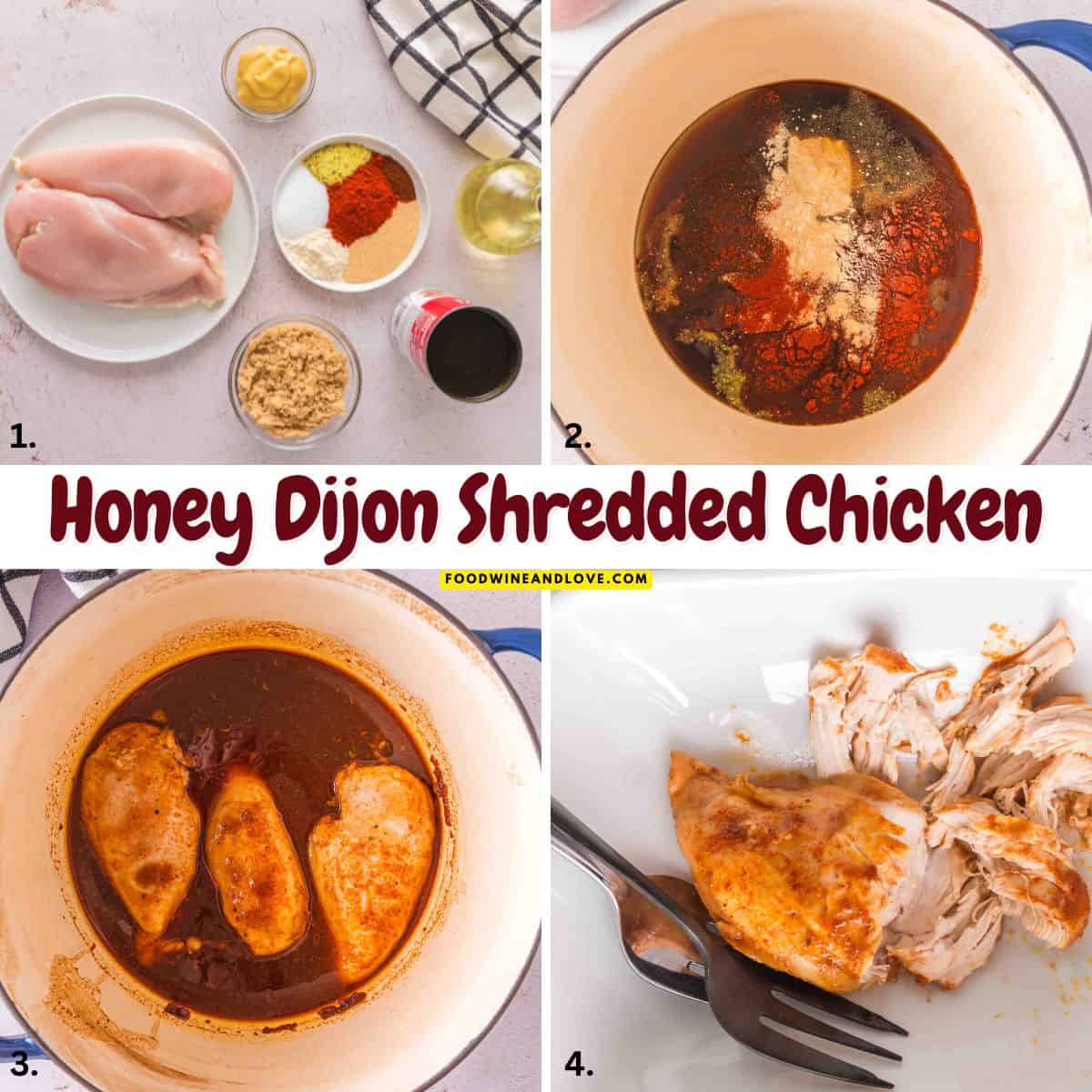 Honey Dijon Shredded Chicken (Dutch Oven), tender shredded chicken breast cooked to perfection in a sweet honey and tangy Dijon glaze. Honey Dijon Shredded Chicken (Dutch Oven), tender shredded chicken breast cooked to perfection in a sweet honey and tangy Dijon glaze.