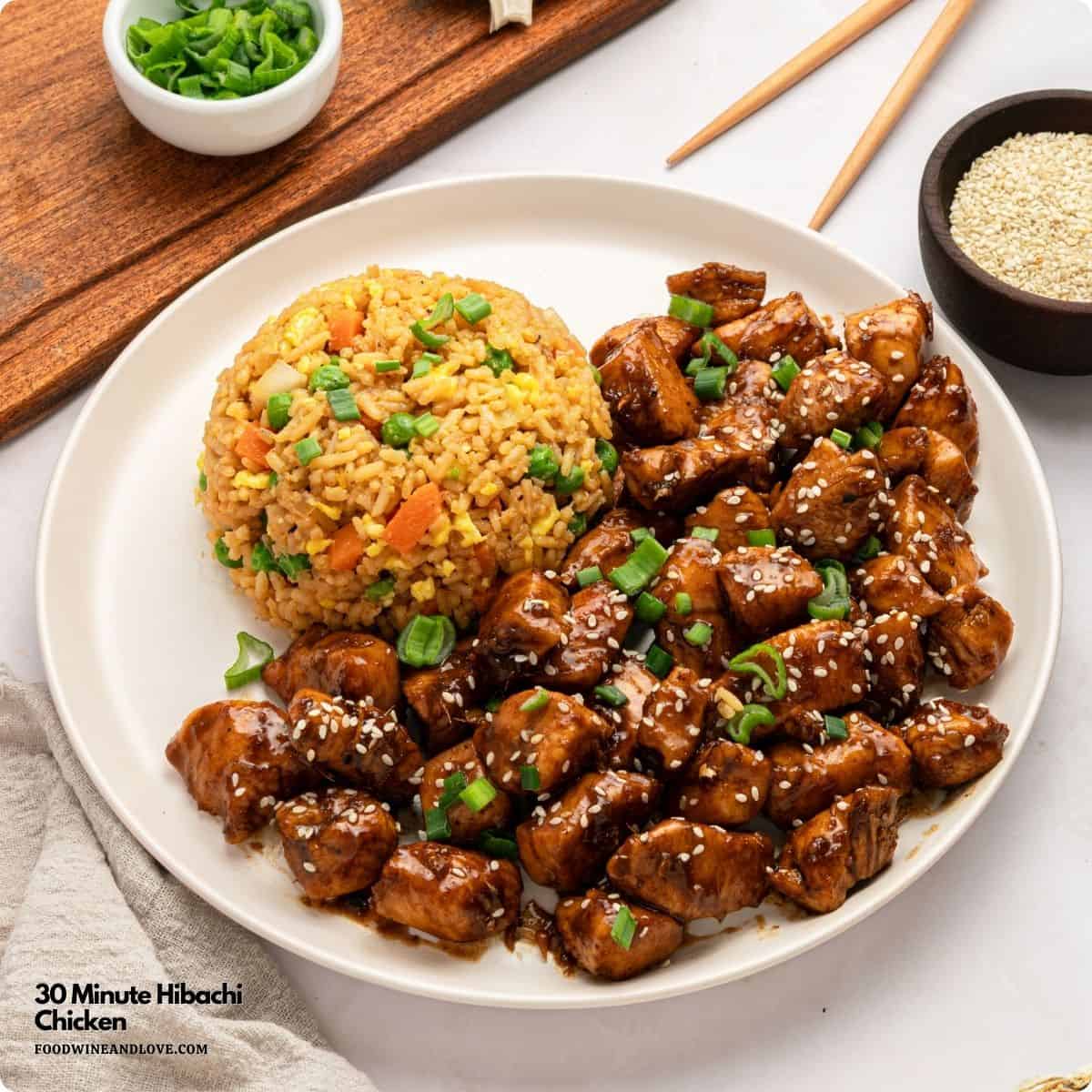 30 Minute Hibachi Chicken, an easy recipe featuring tender, bite-sized chicken seared in savory soy sauce and garlic, steakhouse style.