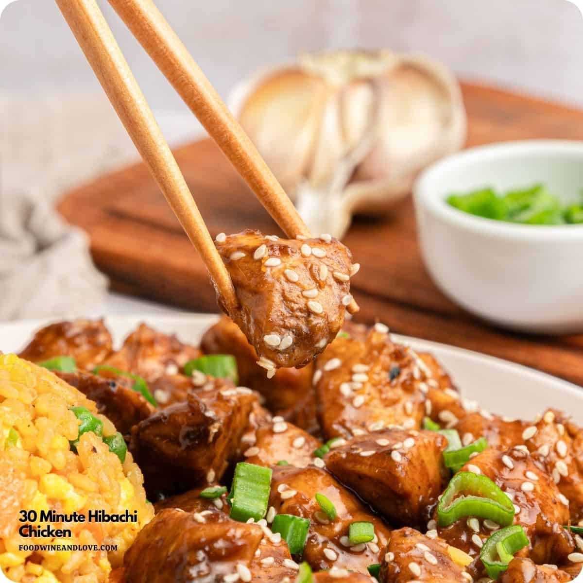 30 Minute Hibachi Chicken, an easy recipe featuring tender, bite-sized chicken seared in savory soy sauce and garlic, steakhouse style. 30 Minute Hibachi Chicken, an easy recipe featuring tender, bite-sized chicken seared in savory soy sauce and garlic, steakhouse style.