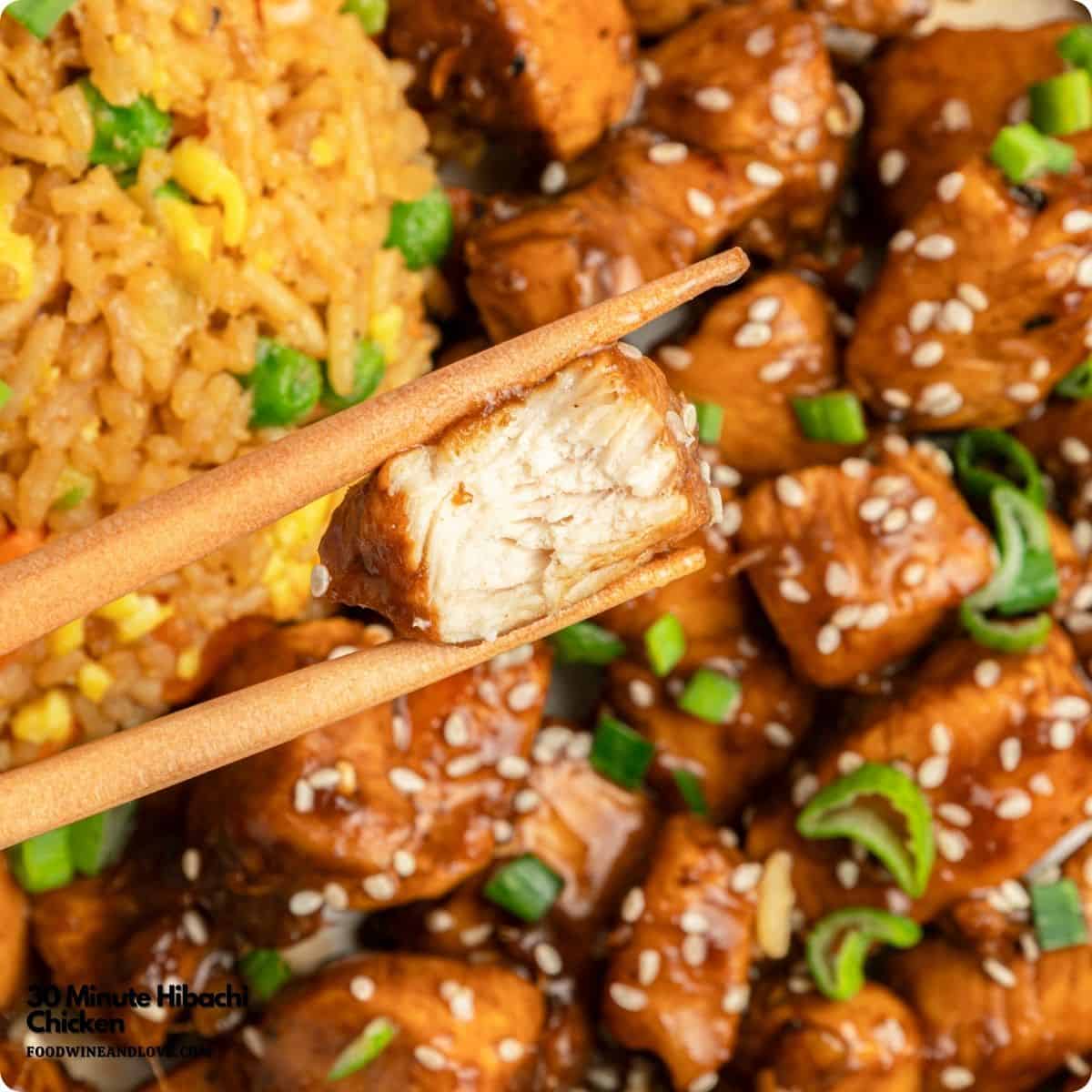 30 Minute Hibachi Chicken, an easy recipe featuring tender, bite-sized chicken seared in savory soy sauce and garlic, steakhouse style. 30 Minute Hibachi Chicken, an easy recipe featuring tender, bite-sized chicken seared in savory soy sauce and garlic, steakhouse style.