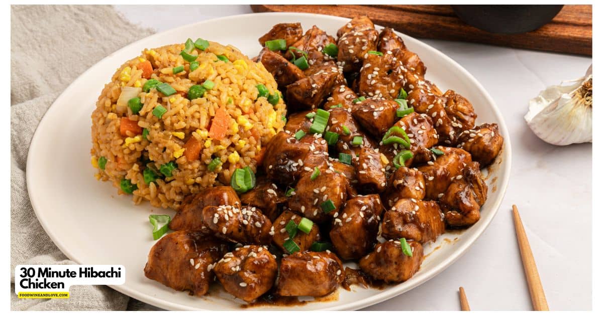 30 Minute Hibachi Chicken, an easy recipe featuring tender, bite-sized chicken seared in savory soy sauce and garlic, steakhouse style. 30 Minute Hibachi Chicken