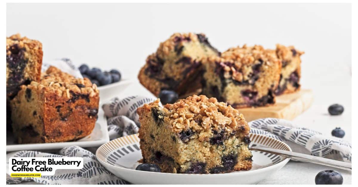 Dairy Free Blueberry Coffee Cake, a vegan dessert recipe featuring a tender and fluffy cake with a simple crumble topping. Dairy Free Blueberry Coffee Cake, a vegan dessert recipe featuring a tender and fluffy cake with a simple crumble topping.