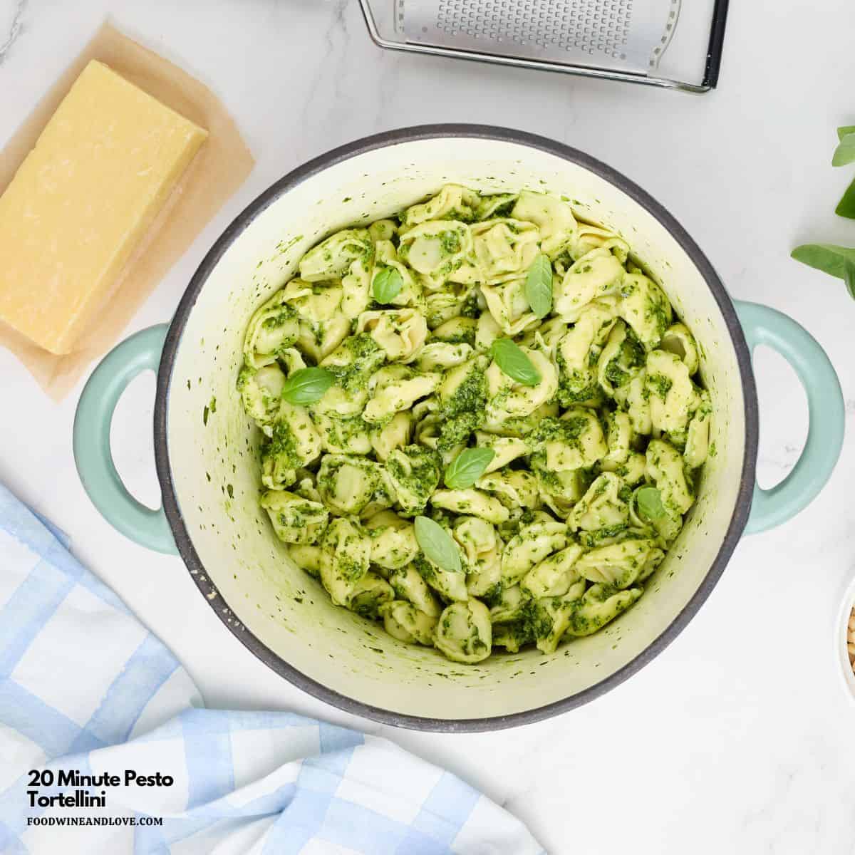 20 Minute Pesto Tortellini is a quick and simple recipe featuring pasta tossed in a homemade basil parmesan pesto sauce.