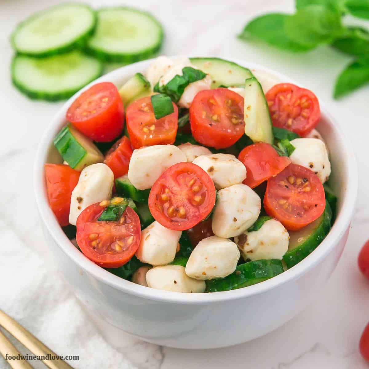 Zesty Cucumber Caprese Salad made with juicy tomatoes, mozzarella pearls, and fresh basil tossed in tangy vinaigrette. Quick, easy and perfect Zesty Cucumber Caprese Salad made with juicy tomatoes, mozzarella pearls, and fresh basil tossed in tangy vinaigrette. Quick, easy and perfect