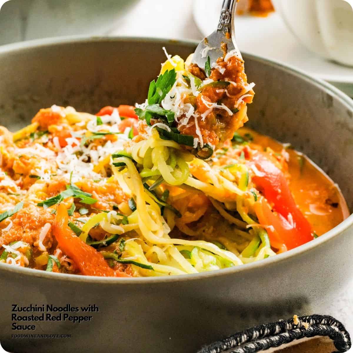 Zucchini Noodles with Roasted Red Pepper Sauce is the ultimate quick and easy 15-minute healthy meal. Vegetarian, Low Carb, Gluten Free. Zucchini Noodles with Roasted Red Pepper Sauce is the ultimate quick and easy 15-minute healthy meal. Vegetarian, Low Carb, Gluten Free.