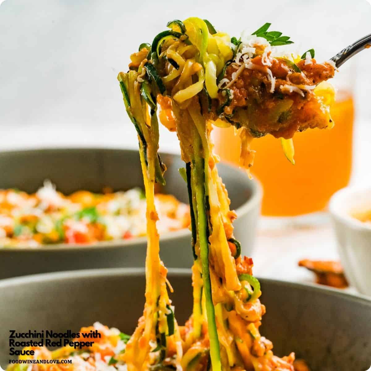 Zucchini Noodles with Roasted Red Pepper Sauce is the ultimate quick and easy 15-minute healthy meal. Vegetarian, Low Carb, Gluten Free. Zucchini Noodles with Roasted Red Pepper Sauce is the ultimate quick and easy 15-minute healthy meal. Vegetarian, Low Carb, Gluten Free.