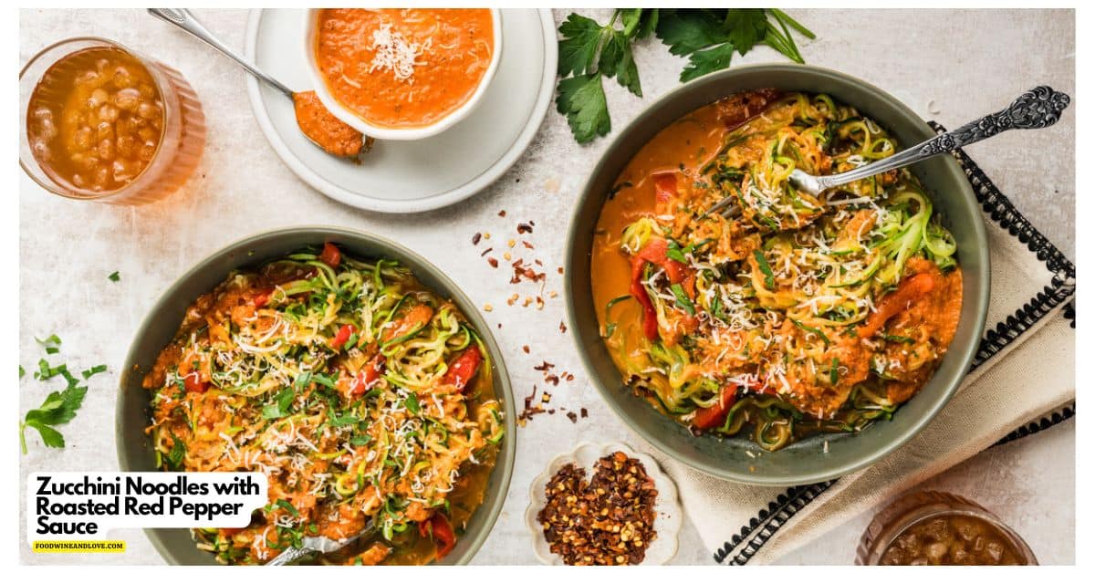 Zucchini Noodles with Roasted Red Pepper Sauce is the ultimate quick and easy 15-minute healthy meal. Vegetarian, Low Carb, Gluten Free. Zucchini Noodles with Roasted Red Pepper Sauce is the ultimate quick and easy 15-minute healthy meal. Vegetarian, Low Carb, Gluten Free.