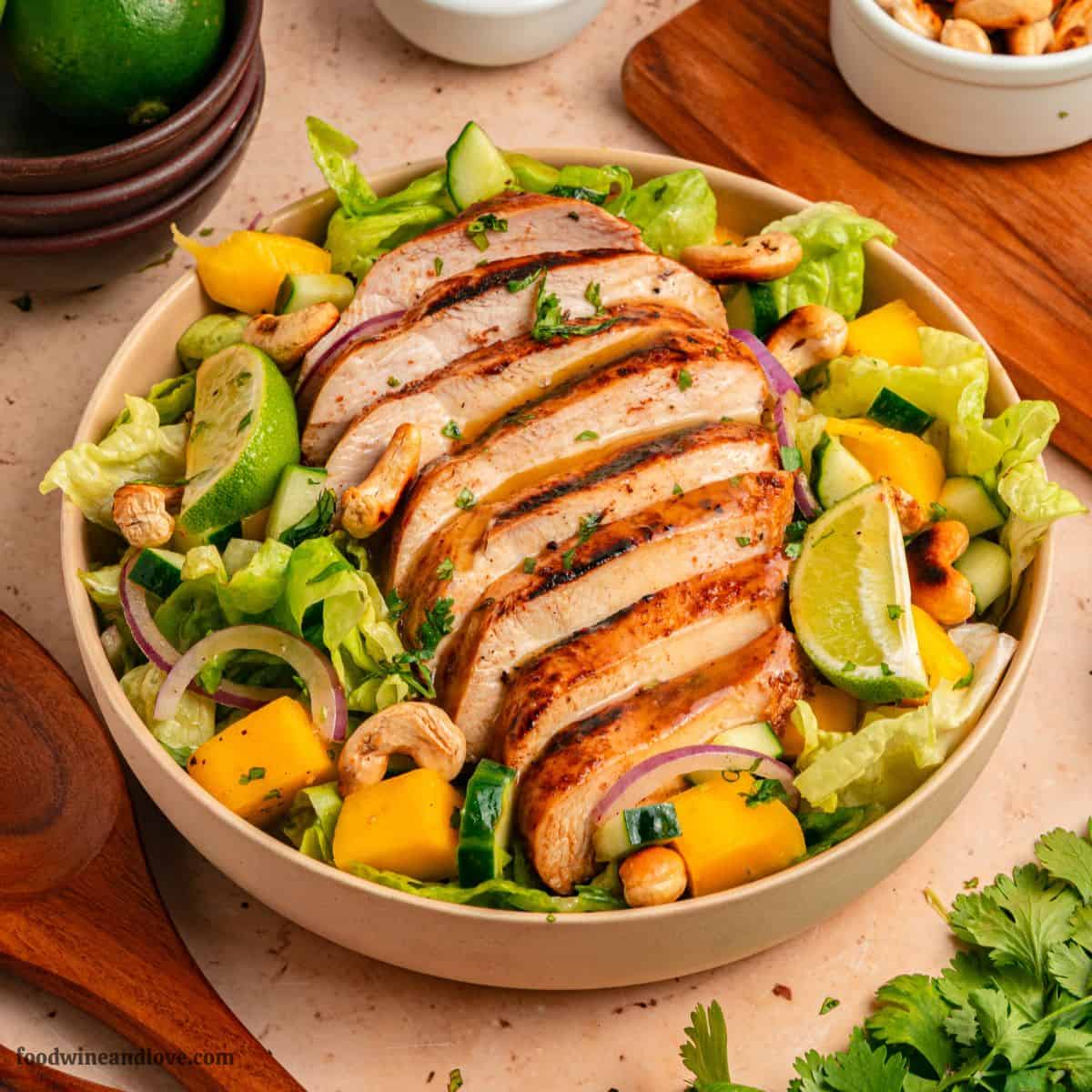 Caribbean Style Jerk Chicken Salad, juicy chicken surrounded by avocado, and crisp veggies, topped with a tangy lime honey dressing. Caribbean Style Jerk Chicken Salad, juicy chicken surrounded by avocado, and crisp veggies, topped with a tangy lime honey dressing.
