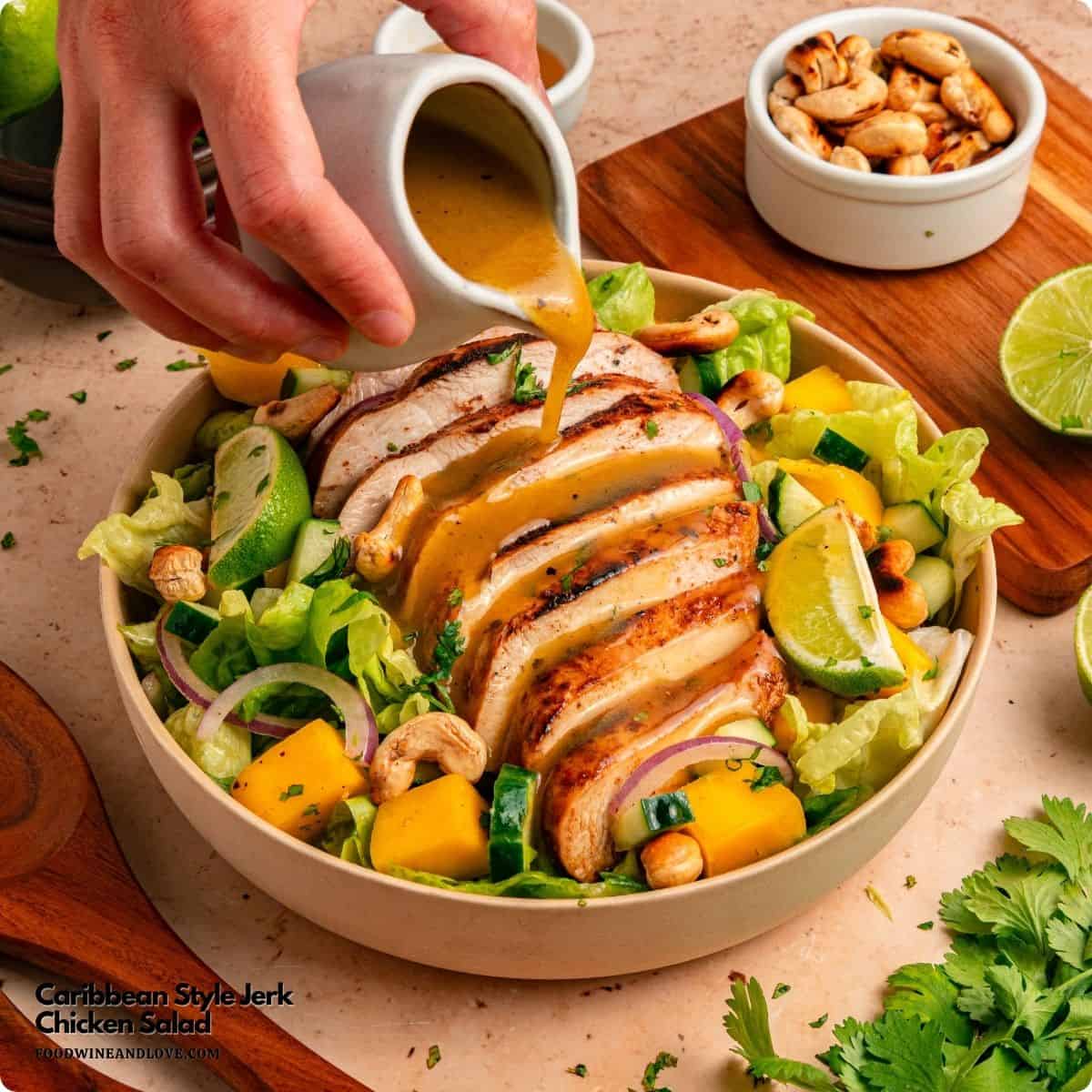 Caribbean Style Jerk Chicken Salad, juicy chicken surrounded by avocado, and crisp veggies, topped with a tangy lime honey dressing. Caribbean Style Jerk Chicken Salad, juicy chicken surrounded by avocado, and crisp veggies, topped with a tangy lime honey dressing.