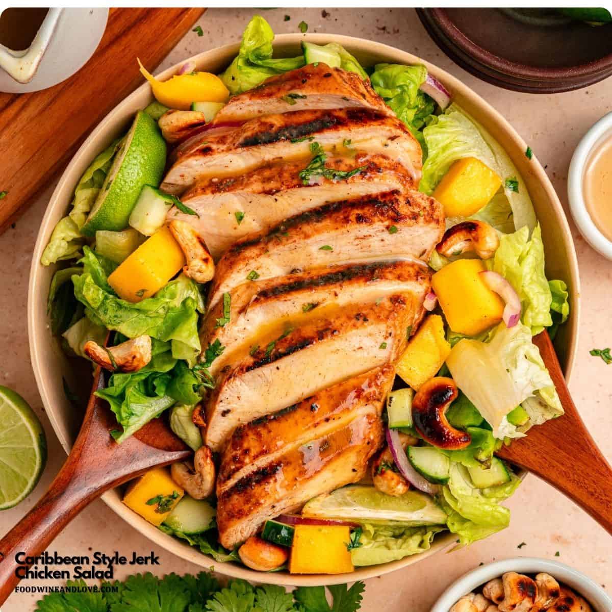 Caribbean Style Jerk Chicken Salad, juicy chicken surrounded by avocado, and crisp veggies, topped with a tangy lime honey dressing. Caribbean Style Jerk Chicken Salad, juicy chicken surrounded by avocado, and crisp veggies, topped with a tangy lime honey dressing.