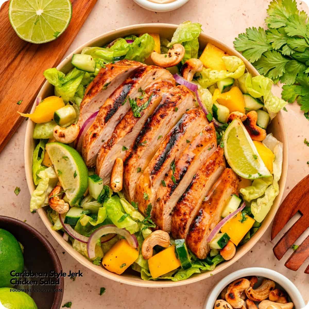 Caribbean Style Jerk Chicken Salad, juicy chicken surrounded by avocado, and crisp veggies, topped with a tangy lime honey dressing. Caribbean Style Jerk Chicken Salad, juicy chicken surrounded by avocado, and crisp veggies, topped with a tangy lime honey dressing.