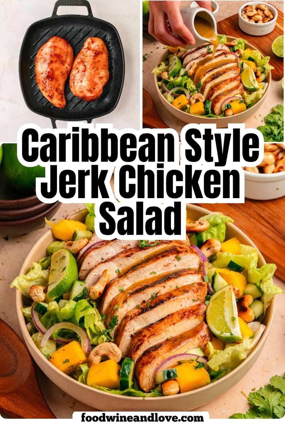 Caribbean Style Jerk Chicken Salad, juicy chicken surrounded by avocado, and crisp veggies, topped with a tangy lime honey dressing. Caribbean Style Jerk Chicken Salad, juicy chicken surrounded by avocado, and crisp veggies, topped with a tangy lime honey dressing.
