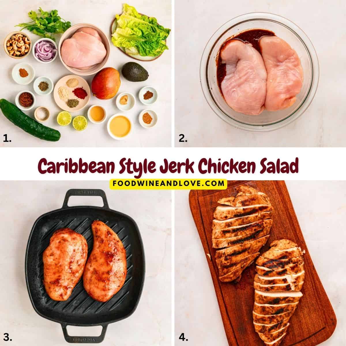Caribbean Style Jerk Chicken Salad, juicy chicken surrounded by avocado, and crisp veggies, topped with a tangy lime honey dressing. Caribbean Style Jerk Chicken Salad, juicy chicken surrounded by avocado, and crisp veggies, topped with a tangy lime honey dressing.