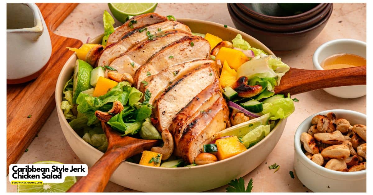 Caribbean Style Jerk Chicken Salad, juicy chicken surrounded by avocado, and crisp veggies, topped with a tangy lime honey dressing. Caribbean Style Jerk Chicken Salad, juicy chicken surrounded by avocado, and crisp veggies, topped with a tangy lime honey dressing.