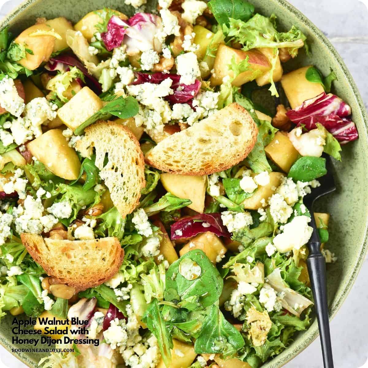 Apple Walnut Blue Cheese Salad with Honey Dijon Dressing is crisp, crunchy, and full of flavor. Easy, fresh, and full of flavor! Apple Walnut Blue Cheese Salad with Honey Dijon Dressing