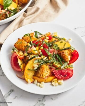 Peach and Corn Panzanella Salad with Tomato
