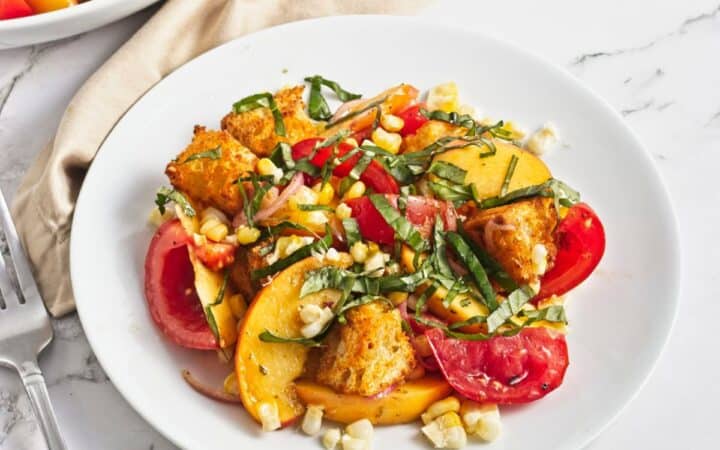 Peach and Corn Panzanella Salad with Tomato