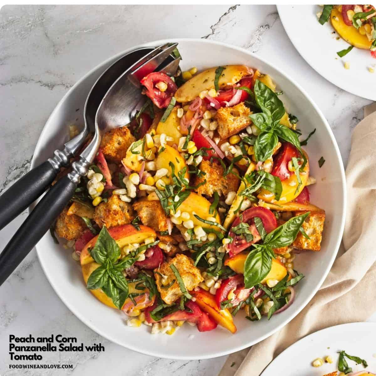Peach and Corn Panzanella Salad recipe combines juicy peaches, sweet corn, ripe tomatoes, and basil, tossed in a tangy vinaigrette. Sweet peaches, fresh corn, juicy tomatoes, basil, and crispy homemade croutons come together in this vibrant Peach and Corn Panzanella Salad!