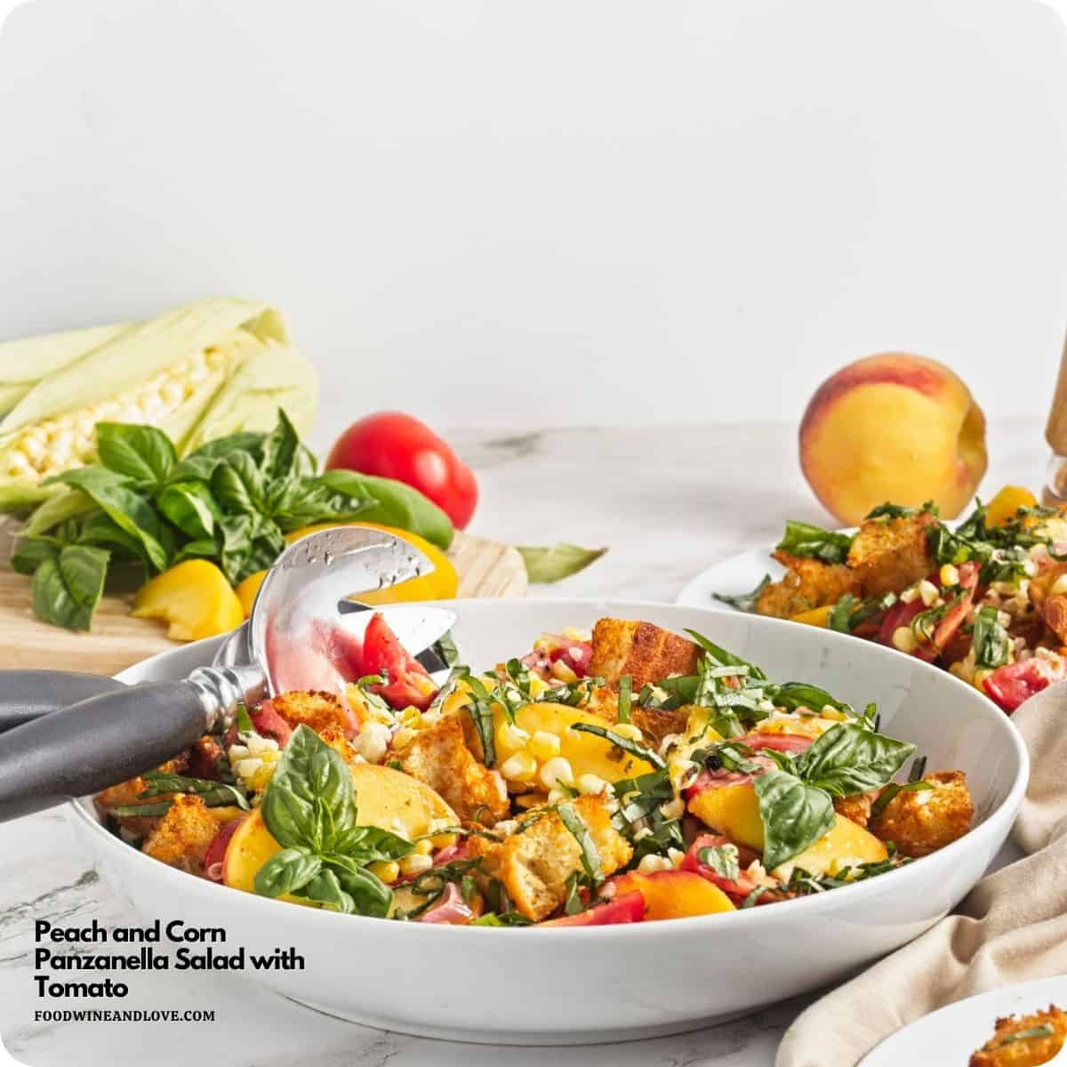 Peach and Corn Panzanella Salad recipe combines juicy peaches, sweet corn, ripe tomatoes, and basil, tossed in a tangy vinaigrette. Sweet peaches, fresh corn, juicy tomatoes, basil, and crispy homemade croutons come together in this vibrant Peach and Corn Panzanella Salad!