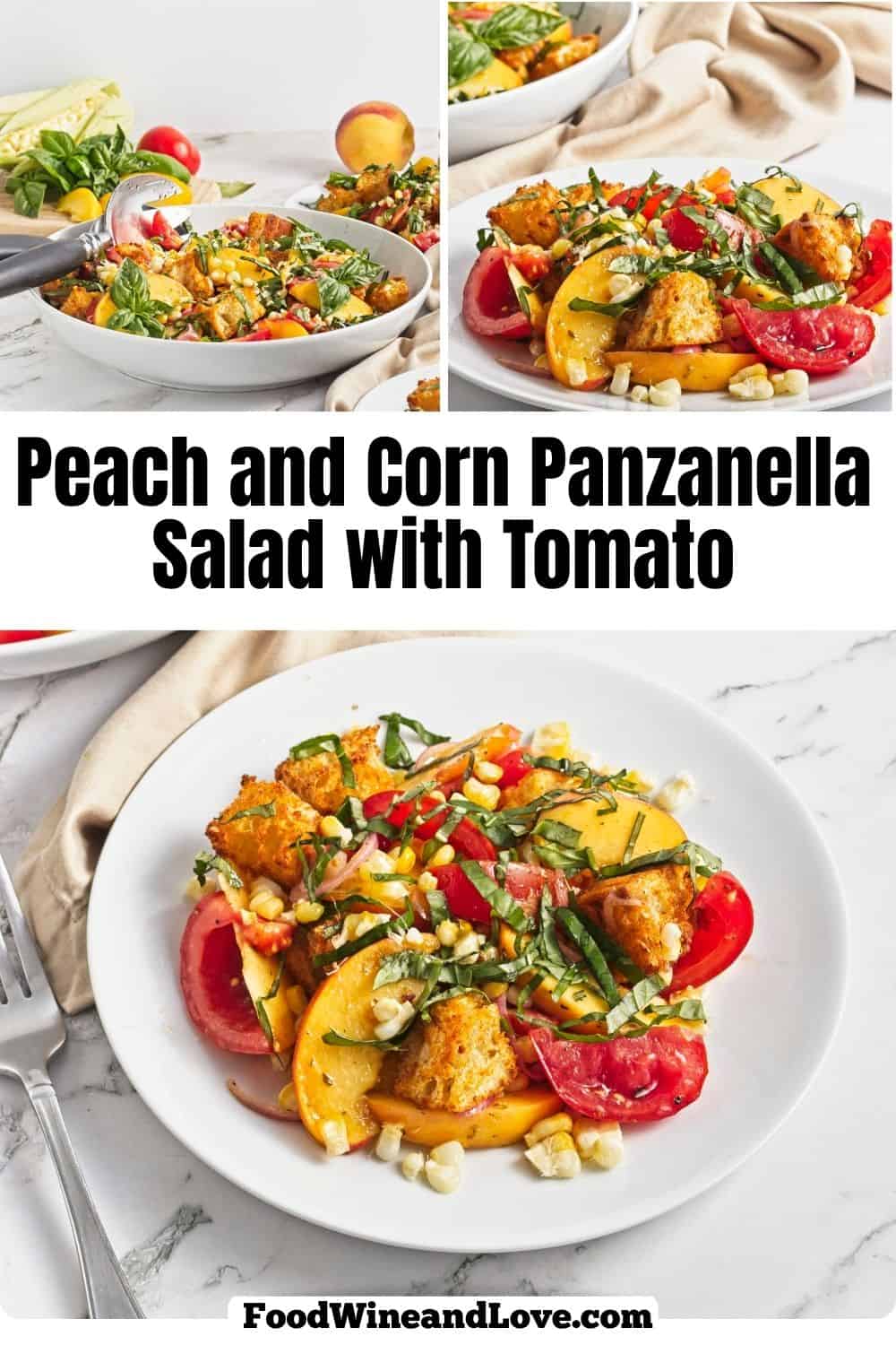 Peach and Corn Panzanella Salad recipe combines juicy peaches, sweet corn, ripe tomatoes, and basil, tossed in a tangy vinaigrette. Sweet peaches, fresh corn, juicy tomatoes, basil, and crispy homemade croutons come together in this vibrant Peach and Corn Panzanella Salad!