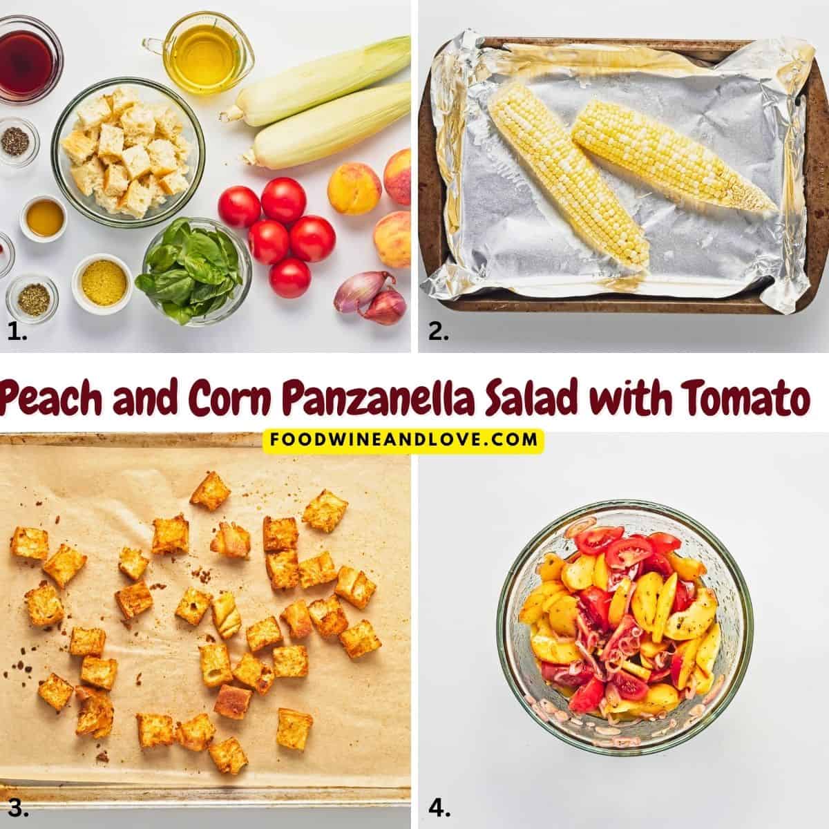 Peach and Corn Panzanella Salad recipe combines juicy peaches, sweet corn, ripe tomatoes, and basil, tossed in a tangy vinaigrette. Sweet peaches, fresh corn, juicy tomatoes, basil, and crispy homemade croutons come together in this vibrant Peach and Corn Panzanella Salad!