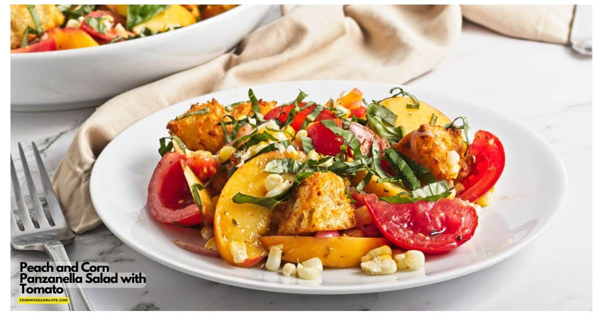 Peach and Corn Panzanella Salad recipe combines juicy peaches, sweet corn, ripe tomatoes, and basil, tossed in a tangy vinaigrette. Sweet peaches, fresh corn, juicy tomatoes, basil, and crispy homemade croutons come together in this vibrant Peach and Corn Panzanella Salad!