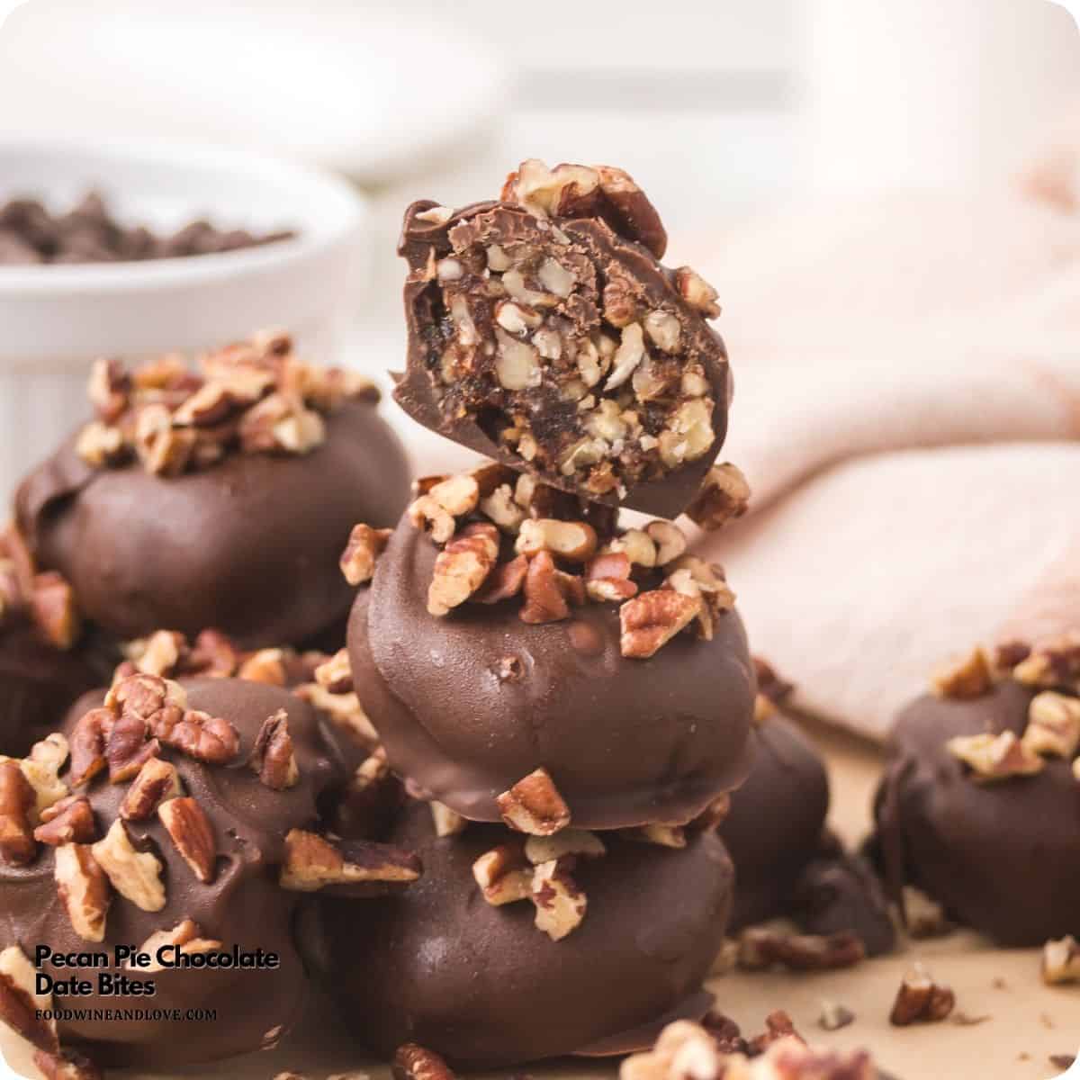 Pecan Pie Chocolate Date Bites, an easy naturally sweet, crowd-pleasing no-bake treat made with rich dates, toasted pecans, and chocolate. Pecan Pie Chocolate Date Bites, an easy naturally sweet, crowd-pleasing no-bake treat made with rich dates, toasted pecans, and chocolate.